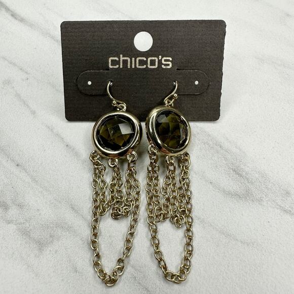 Chicos Ivy Chandelier Earrings Gold Tone Green Faceted NWT ✨ - Picture 1 of 10